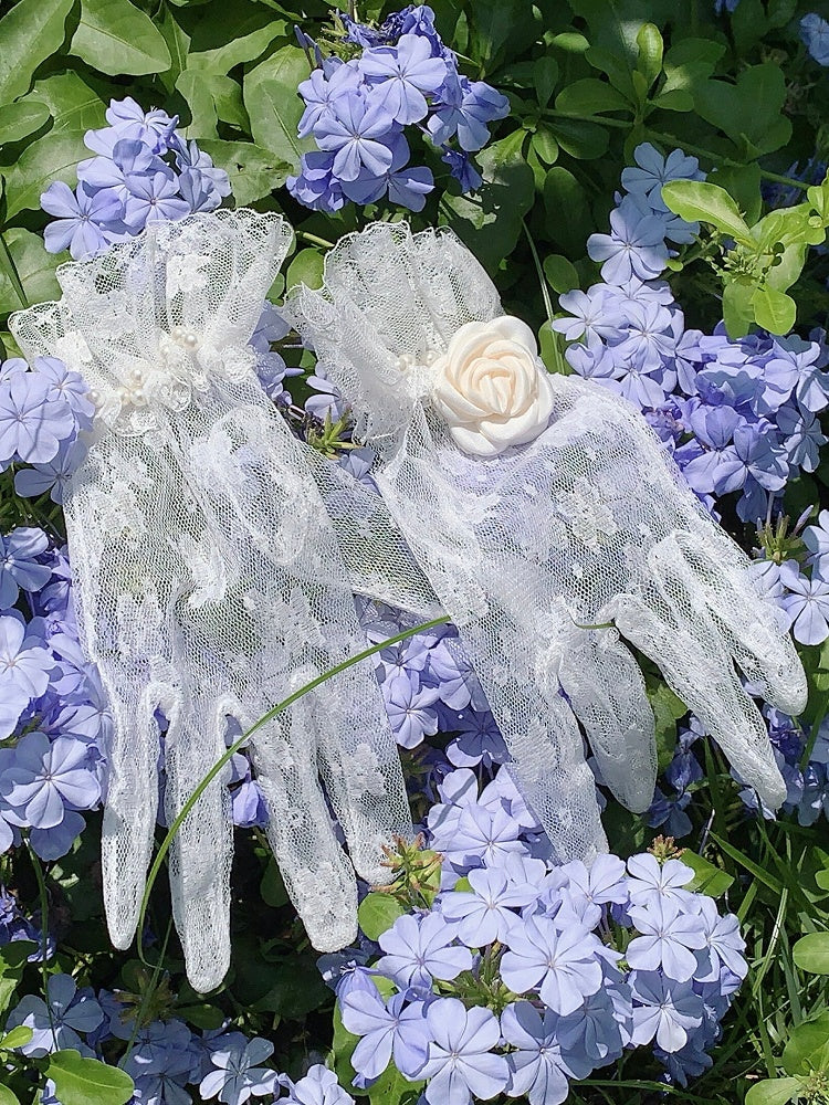 White Lace Classic Lolita Gloves with Beads Roses - Every Page of Poetry