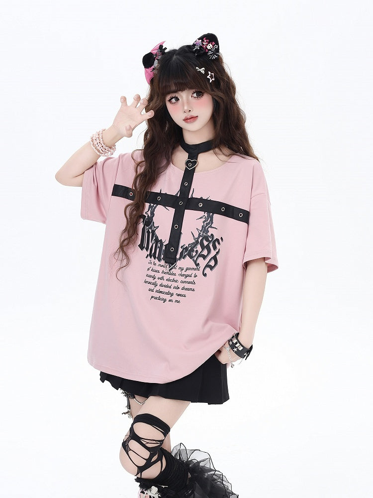 Black/Pink Glamorous Graphic T-Shirt with PU Straps Y2K Halter Neck