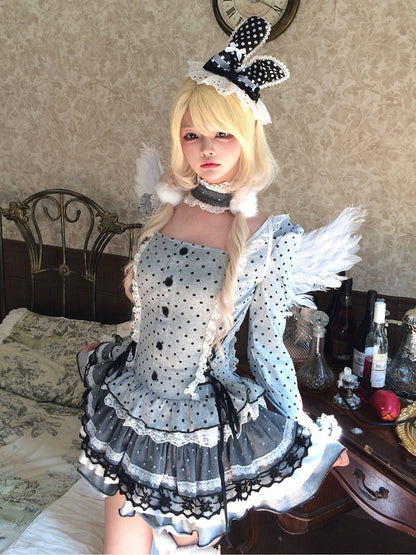 Dress Lace-Up Tiered Details Lace - Choker Polka-dot Skirt Grey Trim with Side