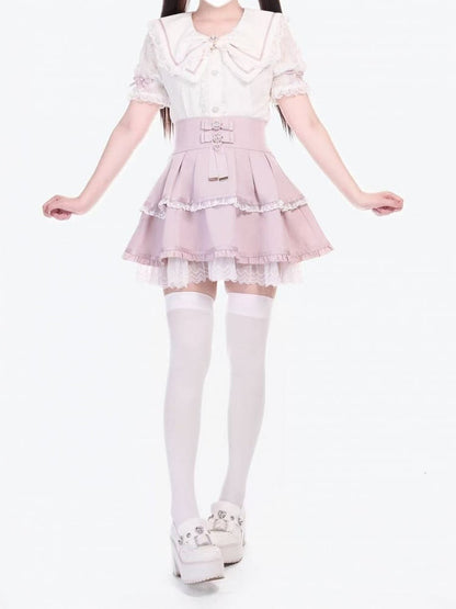 Blouse with Pink White Bowknots and Crown Brooch Jirai Kei Bowknot Collar