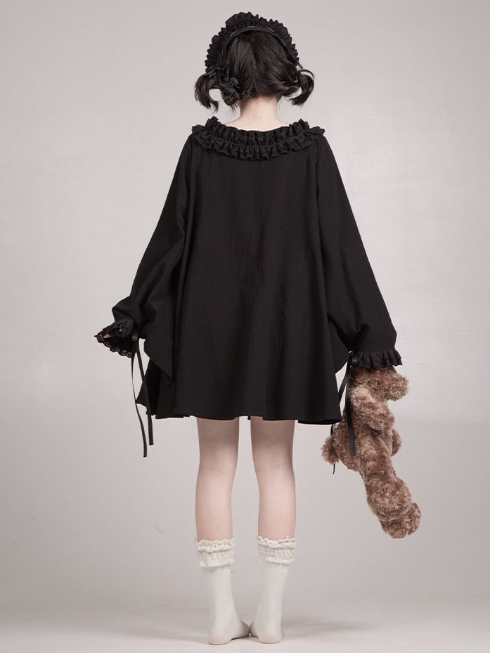 Dress Sleeves Short Neckline Version Black Ruffled Wa Long Square Lolita