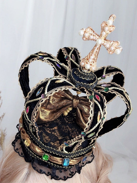 Rhinestone Black Cross Mini Lolita Crown Hat Decorated Hime Design bow Beaded