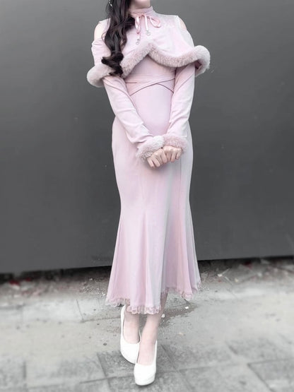 Kei Style Trim Innocent with Pink/Black Shoulder Fuzzy in Mermaid Dress: Jirai Knit Open Elegant