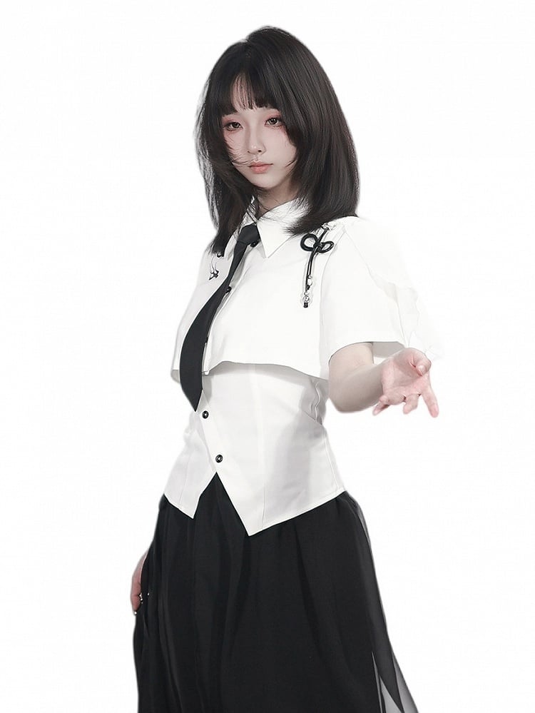 White Cropped Shirt with Leather Knot & Cami Set - PINK SAVIOR
