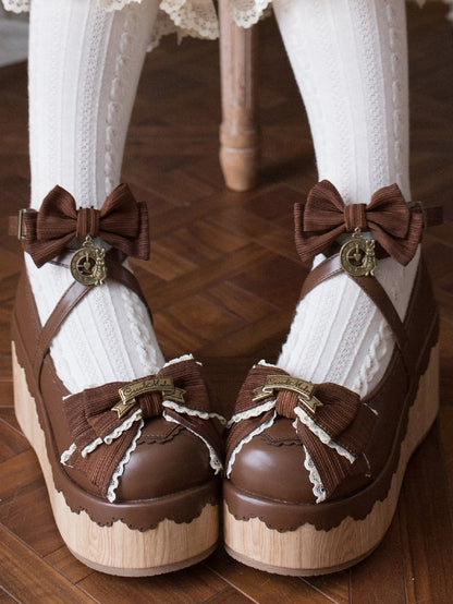 Round Dark - Charm Accents Bow Clock Sweet Platforms Lolita Toe Brown