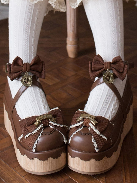 Round Dark - Charm Accents Bow Clock Sweet Platforms Lolita Toe Brown