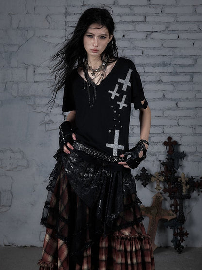 Rock Lace Detailing Graphic Distressed with Punk Handkerchief Hem Black T-shirt Cross