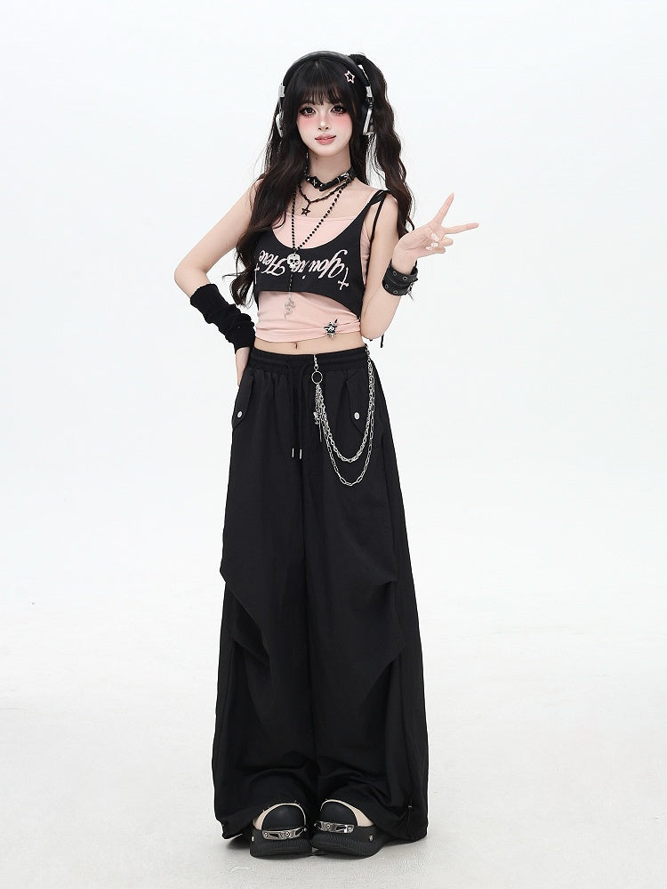 Black Punk Pants Accessory Waist Asymmetrical with Drawstring Waist Wasteland