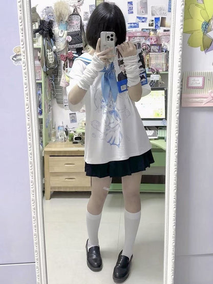 With Tenshi Bow Cartoon Tie T-shirt Collar Blue Sailor WhiteBlue Kaiwai Print