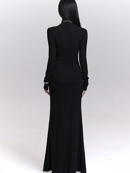 Gothic Elegance Black Mermaid Dress with Coffin-Shaped Cutout & Cross Applique