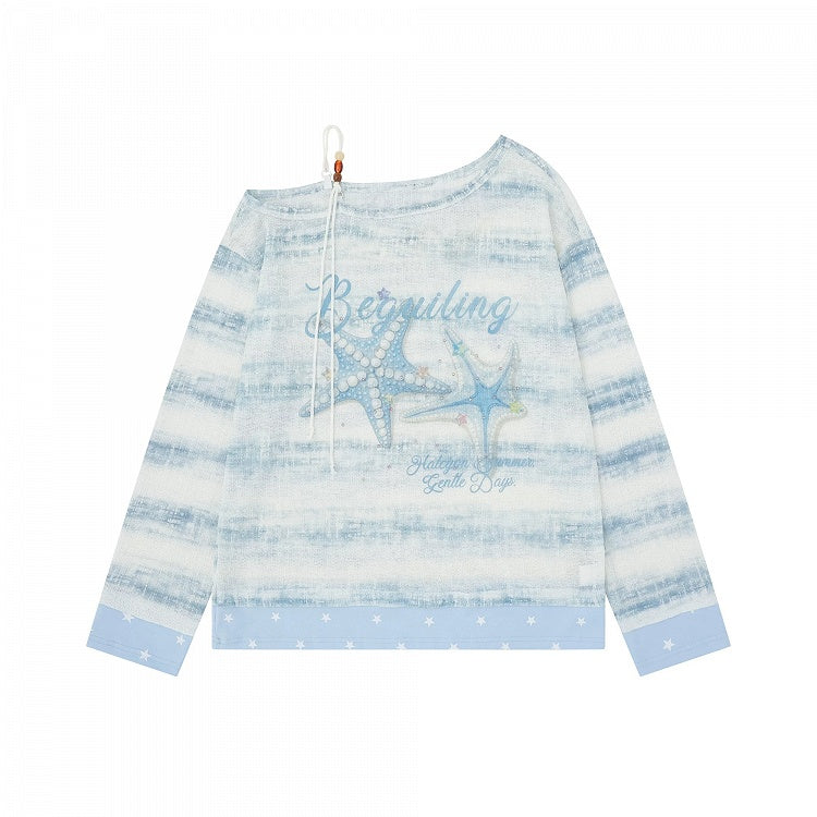 Blue Off Shoulder Long Sleeve Top with Starfish Print & Rhinestone Details - Languid Park