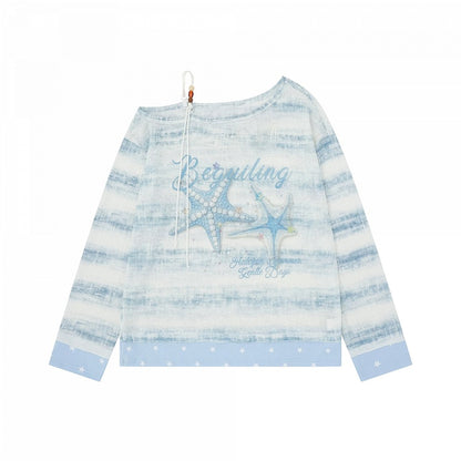 Blue Off Shoulder Long Sleeve Top with Starfish Print & Rhinestone Details - Languid Park