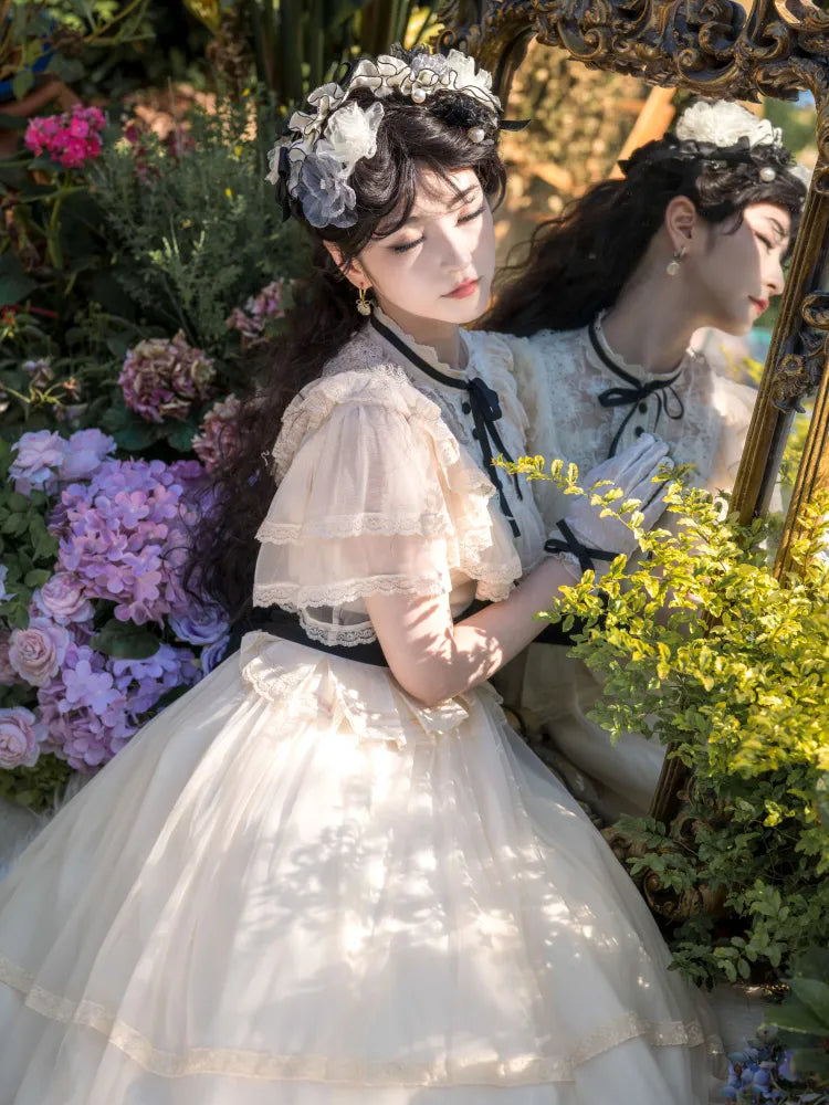 Beige Klassische Taille Schwarz Elegante Kleid Ausschnitt Lolita Illusion Edward Gürtel mit