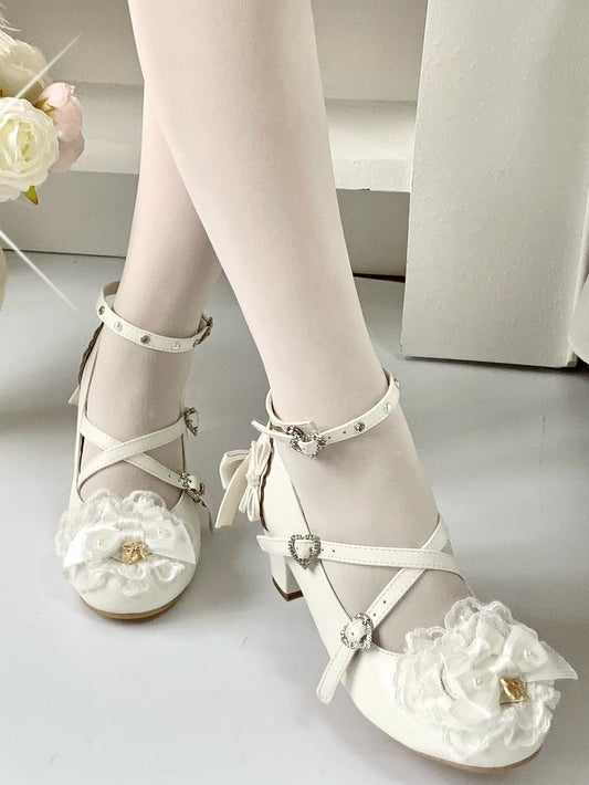 Heart Lolita - Mary Sweet Block Closure High Heel Janes White with Rhinestone