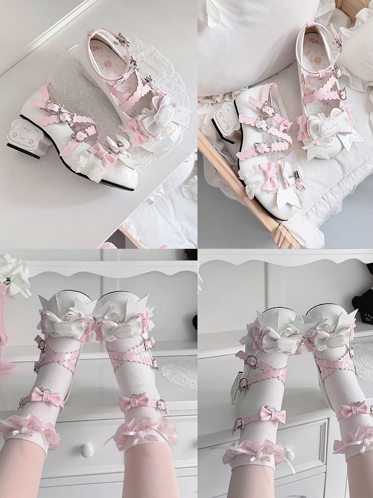 White Sweet Lolita Mid-heel Shoes - Detachable Kitty Decor Top Bow & Crisscross Design