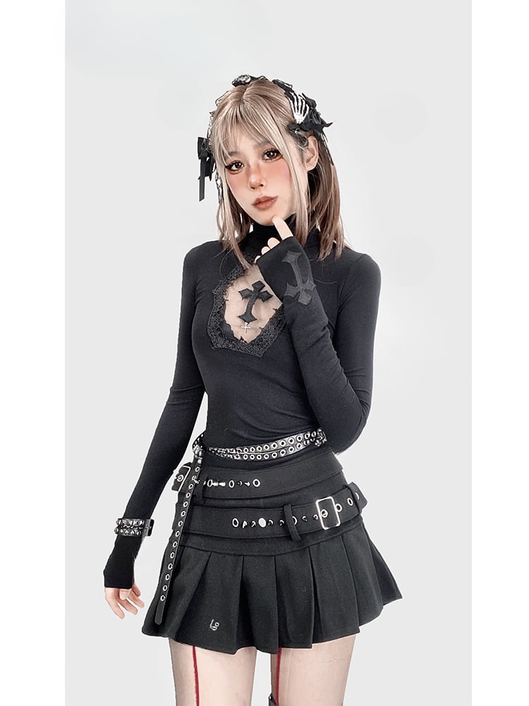 Top Schwarz Glamourös Gothic Hals Detail Cutout Kreuz Hoch Y2K
