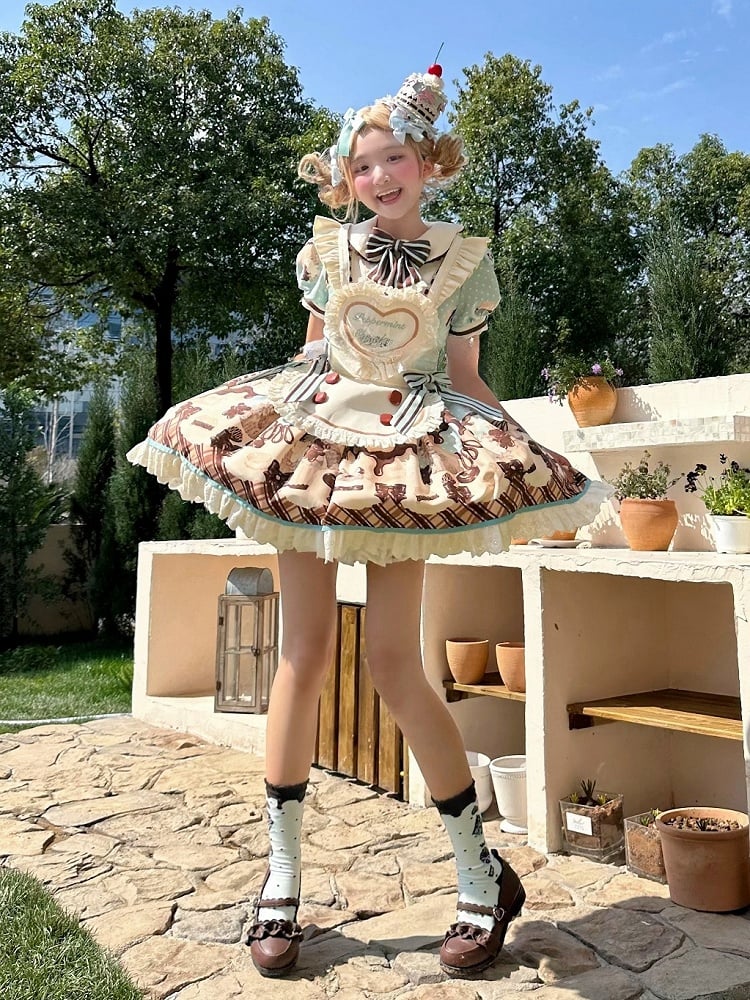 Green Sweet Print Desserts Teddy Mint Dress Lolita Chocolate and