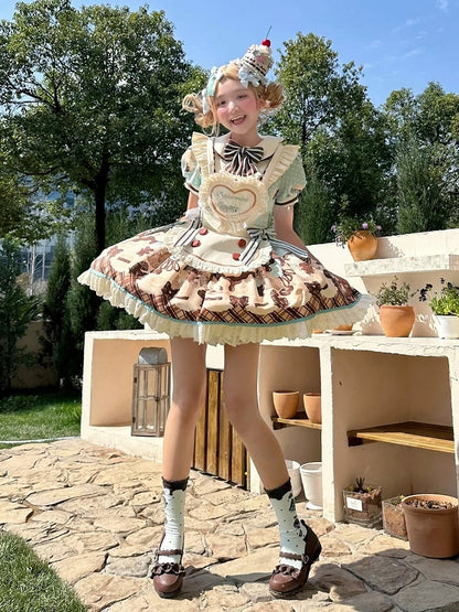 Green Sweet Print Desserts Teddy Mint Dress Lolita Chocolate and