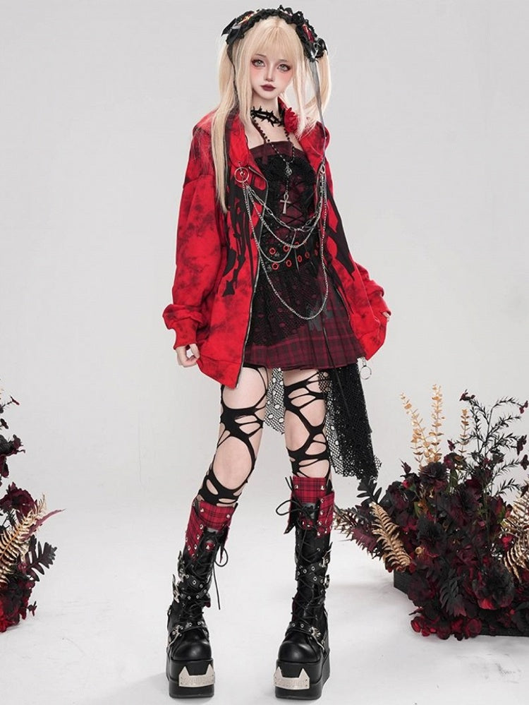 Punk Red Letters Chain Design Zip Hoodie