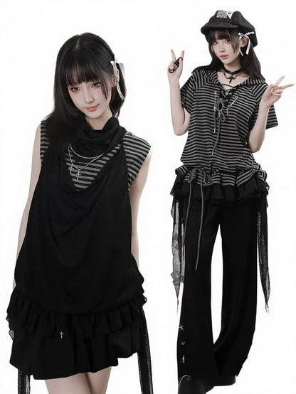 Black Bubble Skirt with Streamer Details - PINK SAVIOR