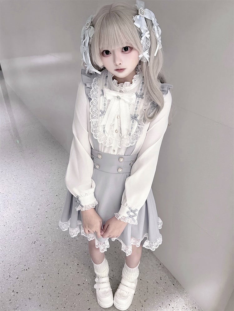 Bow with Ruffle White Included Jirai Free Blue and Neckline Kei Blouse Tie | Dusty