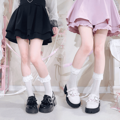 Kei Black Shoes Loafers Sweetheart Platform 6.5cm with Heel Polished Jirai Chunky Beaded