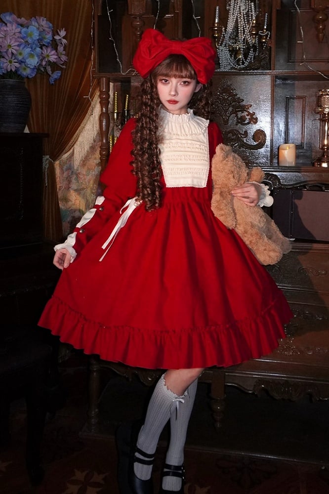 Waist Drawstring Brooch Sleeves and Red Bow Beige Juliette Dress with Lolita Version Short