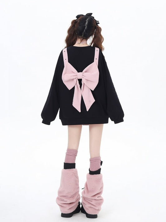 ピンク/ブラック クロス サイドスリット スウェットシャツ（背中に大きなリボン付き）