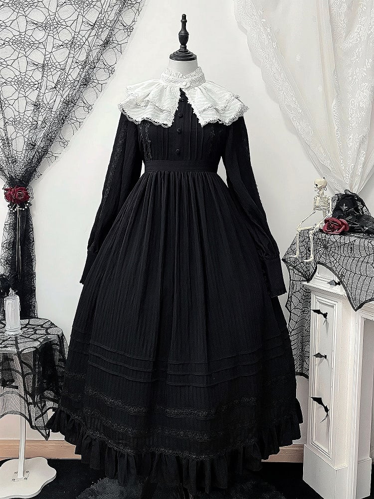 Lolita High Collar Sleeves Gothic Black Dress + Waist Long Kuro