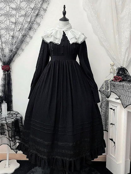 Lolita High Collar Sleeves Gothic Black Dress + Waist Long Kuro