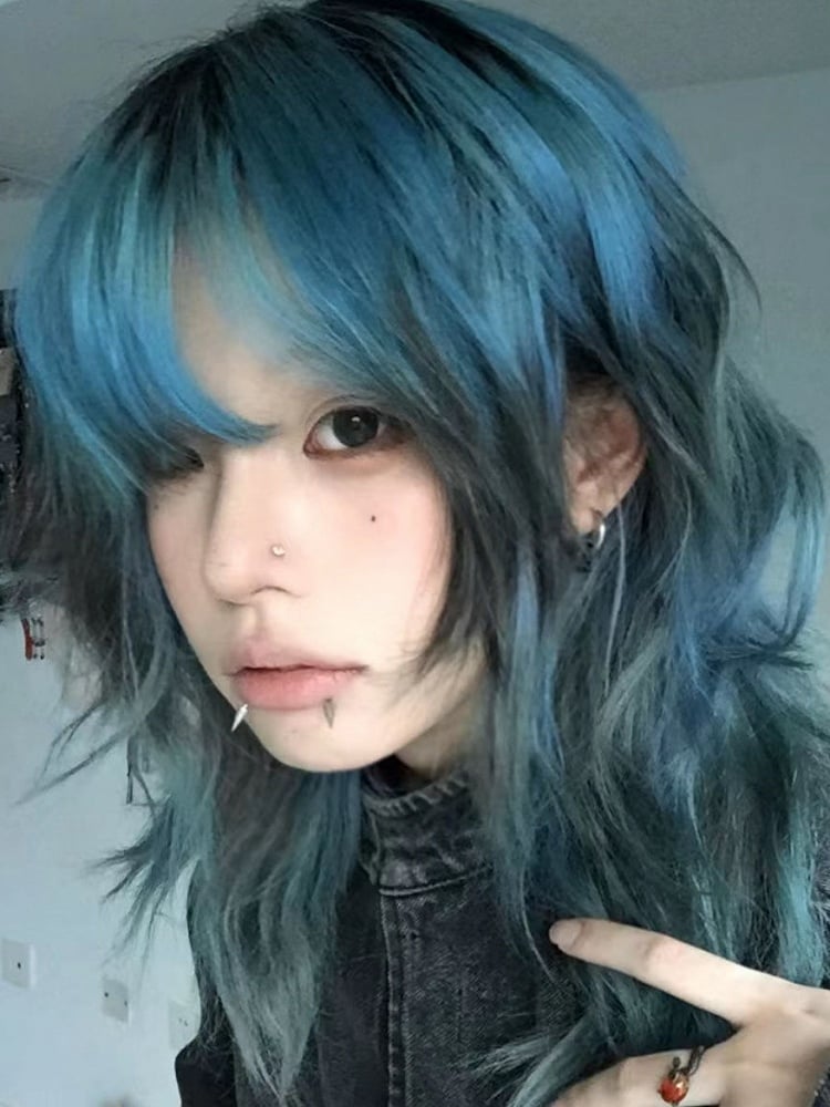 55CM Short Blue Wig Style Bangs Highlight with Ouji
