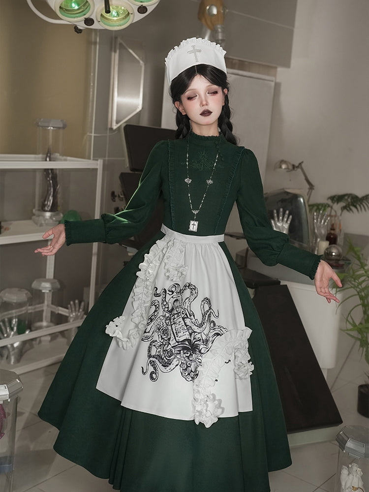 Dark Green Cthulhu Gothic Lolita OP Set – Tentacles + Apron + Nurse Hat + Necklace | With PUJI