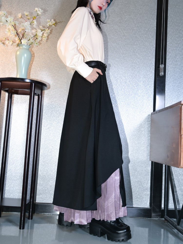 Double-Layer Split Skirt Irregular with Pleated Black Purple Hem Cheongsam Regular/Thin