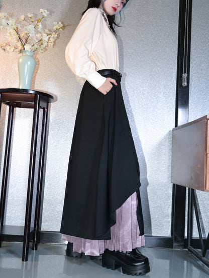 Double-Layer Split Skirt Irregular with Pleated Black Purple Hem Cheongsam Regular/Thin