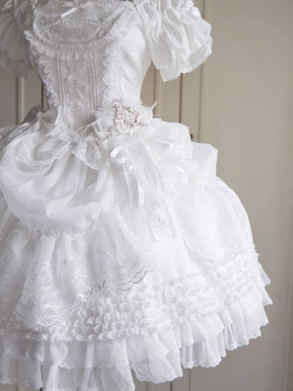 Embroidery Skirt White Elegant Drawstring Layered Details Lolita Ruffles Classic with