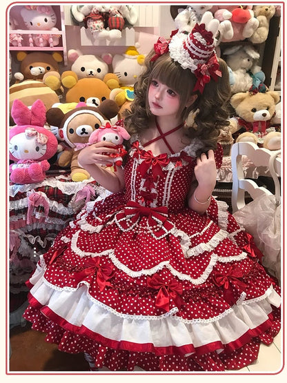 Ruffled Polka Dot Decorations Bow Dress OP Red Lolita Cute with