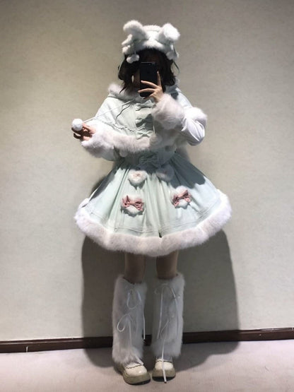 Lolita Sweet Hemline Plush Long OP Cuffs Dress Mint Fake Two-pieces and Sleeves with Green Winter