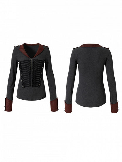 Black Knit with Suede Gray Vintage Punk Red Epaulets Knight Top Braid