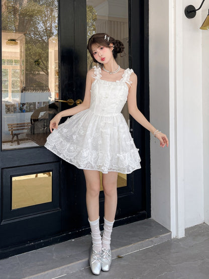 Sleeveless Dress Embellished Sweet White Ruffled Square Neckline Butterfly