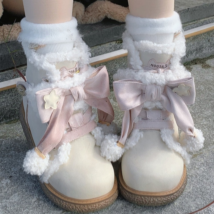 in Classic Decor Lolita Pink Bow Boots Lining Plush Lacing Sweet Beige with
