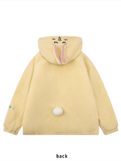 Print Cartoon mit Fleece Kapuze Hasenohren Mantel Gelb