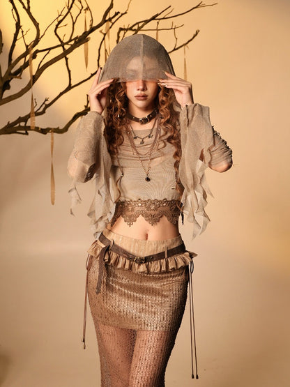 Distressed Brown Cami Top with Lace Edging - Virtual Orbit