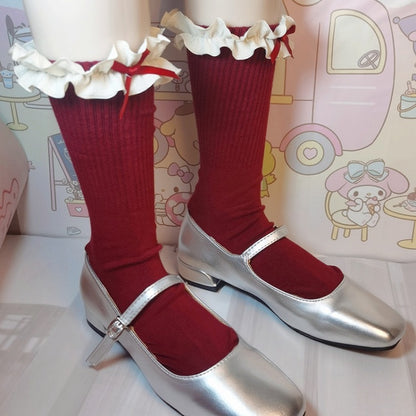 Grey Sweet Bowknot Ruffled Cuff Calf Socks