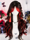 Red and Black Highlight Under Bust Length Wavy Wig with Curtain Bangs