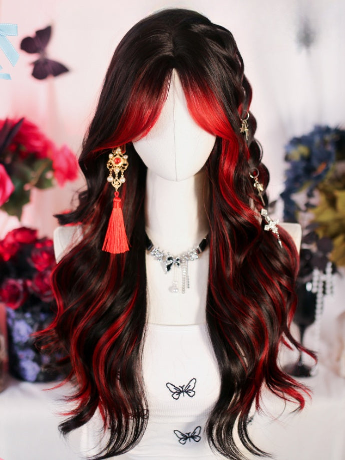Red and Black Highlight Under Bust Length Wavy Wig with Curtain Bangs