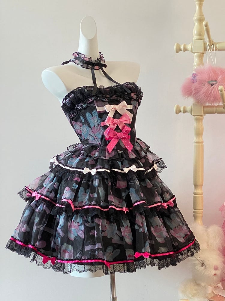 Cute Bunny Satin Bows with Tiered Skirt Black Boning Dress