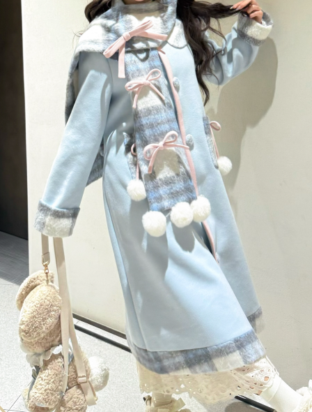 Winter Bow Sweet Blue Accents Pom-Pom Coat Set Scarf with + Lolita Plaid and