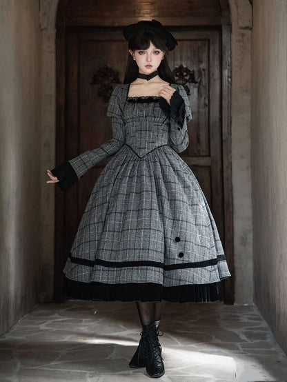 Dress Lolita and Bow Gray Elegant Hat + Plaid Boned Set Basque Black Waist Detachable