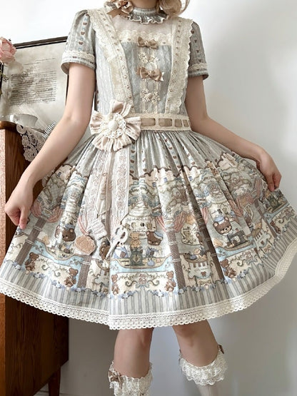 Theme Ruffle Bear Lolita Waist Neckline Green Dropped Dress Sweet