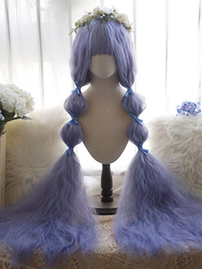 Lila lange lockige Perücke mit vollem Pony